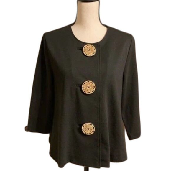 Coldwater Creek Black Ponte Knit Collarless Large Button 3/4 Sleeve Jacket Sz S - Picture 1 of 15